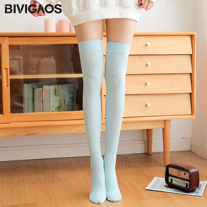 Light Blue BIVIGAOS гольфы женские носки до колена из чесаного хлопка однотонные Гольфы простые носки в японском стиле Весна-Осень-зима гольфы женские чулки теплые пояс для чулок длинные носки - Цвет: Light Blue