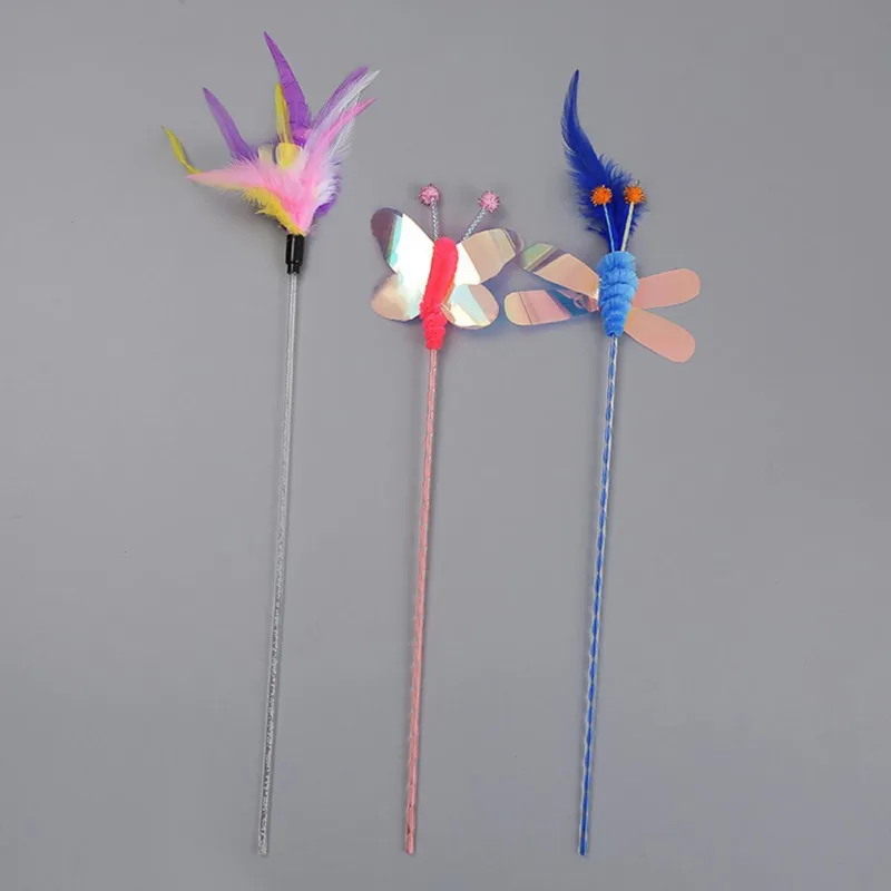 Cat Toys Rod Teaser Wand Feather Pet for Cats Interactive Stick Supplies Colorful Butterfly worm | Дом и сад