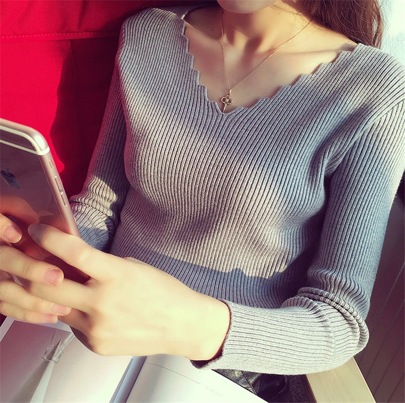 Black white Autumn Winter Sweater Women solid Knitted Pullovers long sleeve tops Wave Cut V-neck Basic office | Женская одежда