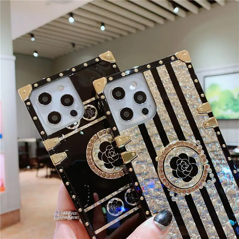 

Luxury Square Bling Golden Phantom Flower Ring Buckle Support Phone Case For IPhone 12 11 Pro X XR XS Max 7 8 Plus Soft Cover