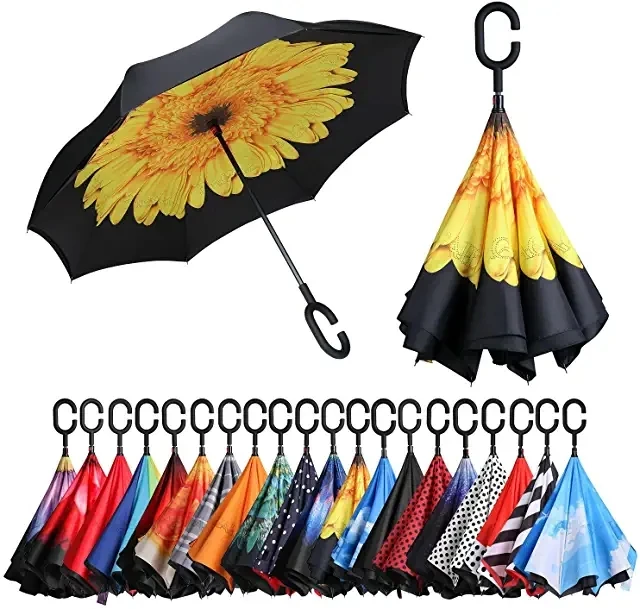 

C Shaped Handle Double Layer Umbrella Anti-UV Folding Inverted Upside Down Reverse Windproof Sunflower for Travel