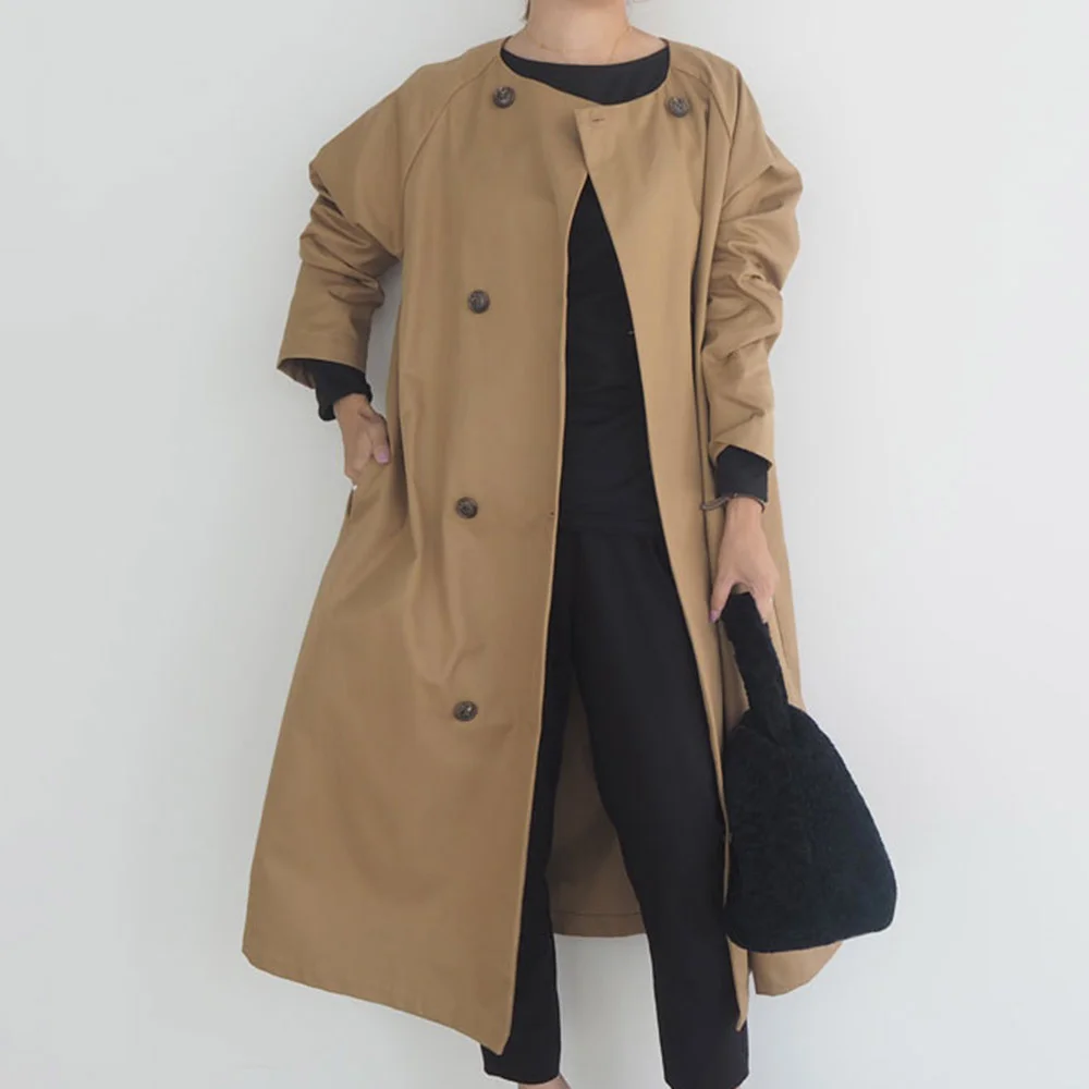 Женский длинный двубортный Тренч Офисная куртка цвета хаки большого размера с