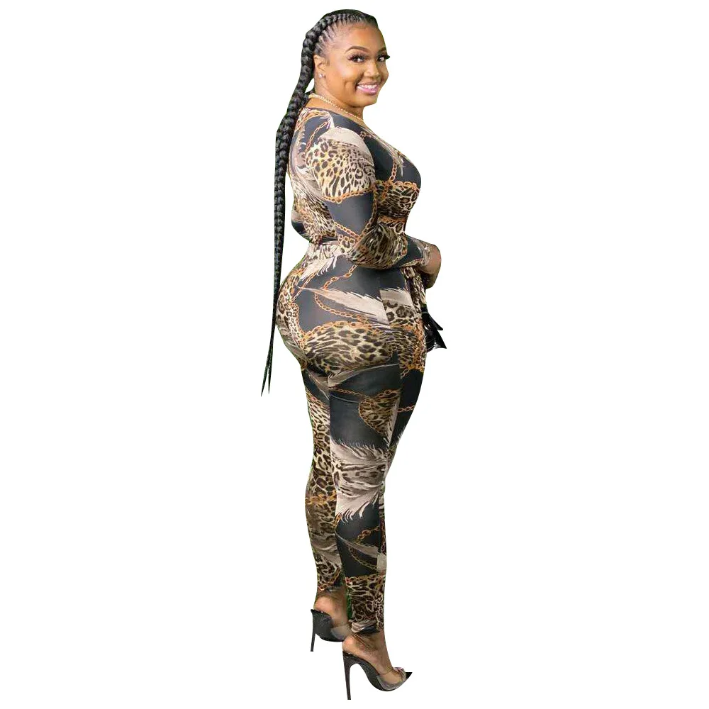 

Zoctuo Plus Size XL-4XL Jumpsuits For Women Autumn Leopard Print Women Sexy Jumpsuits Deep V-Neck Lace-Up Skinny Rompers
