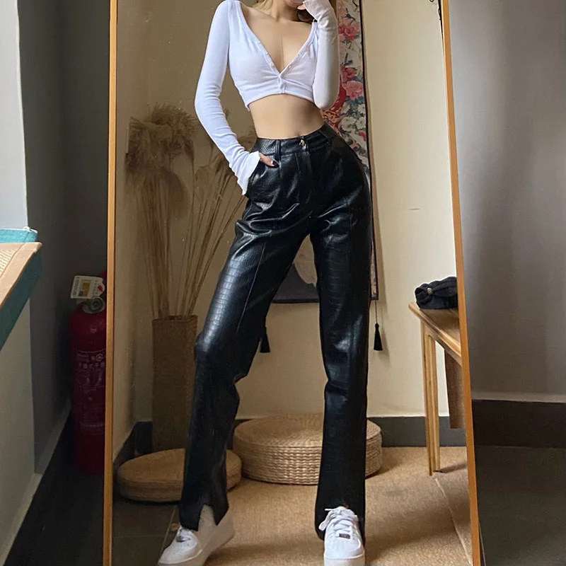 

Женские брюки FAKUNTN, черные штаны из искусственной кожи, женские свободные брюки-карандаш из ПУ кожи, уличная мода, прямые женские брюки с выс...