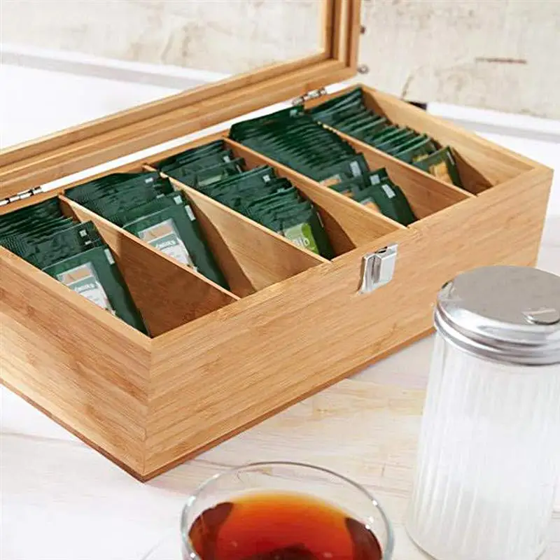 

Multifunctional Retro Style Bamboo Tea Box Storage Box 5 Separate Compartments For Storing Tea Bags, Sugar Bags, Coffee Storage