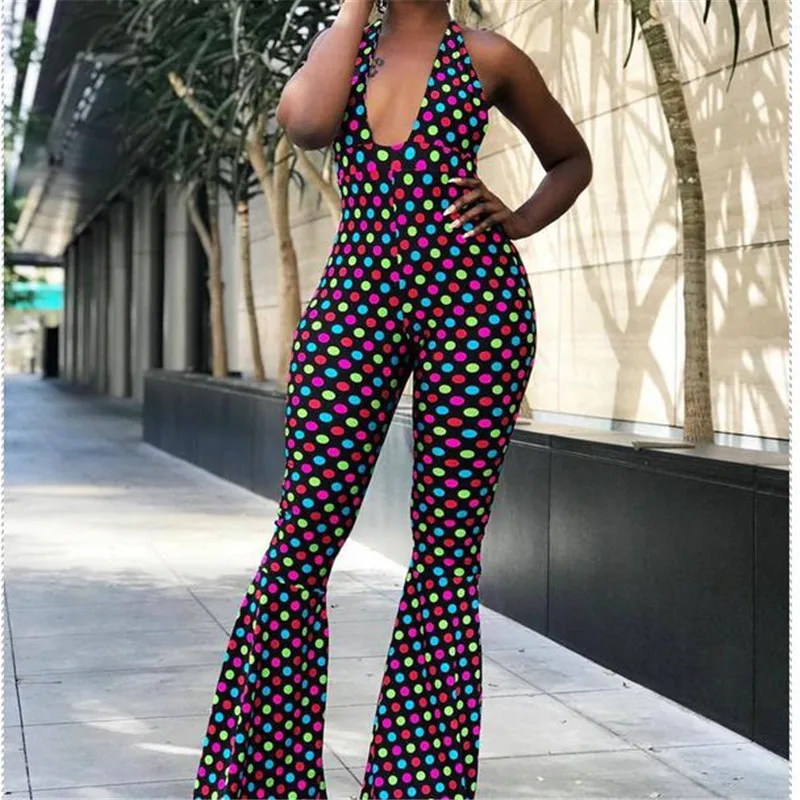 

Women Sexy Deep V Halter Playsuit Polka Dot Casual Sleeveless Bodycon Rompers Female Summer Jumpsuit Flared Long Pants Bodysuit