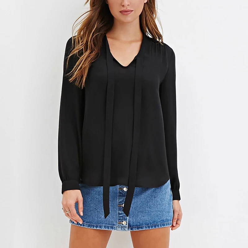 Весенняя женская шифоновая блузка с длинным рукавом и бантом элегантные офисные