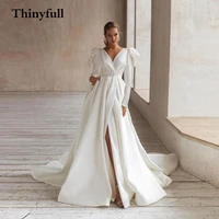 thinyfull long a line bhemian wedding dresses with sashes long sleeves side slit beach mariage gowns bodice country vestido boda