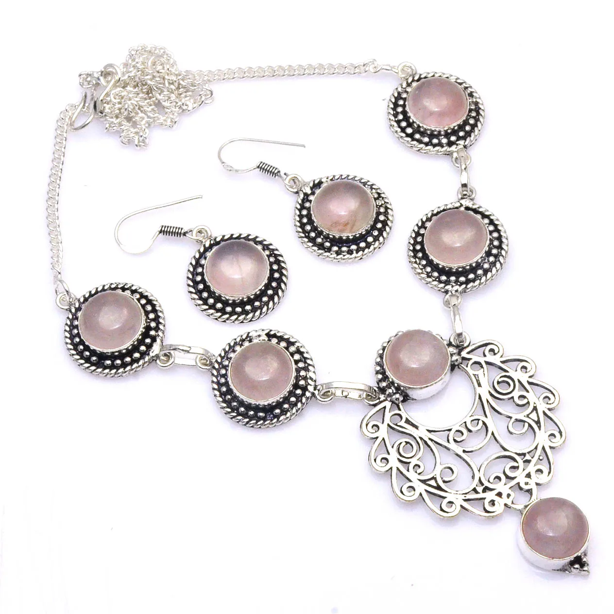 

Genuine Rose Quartz Necklace Earing Silver Overlay over Copper , 52 cm, N4538