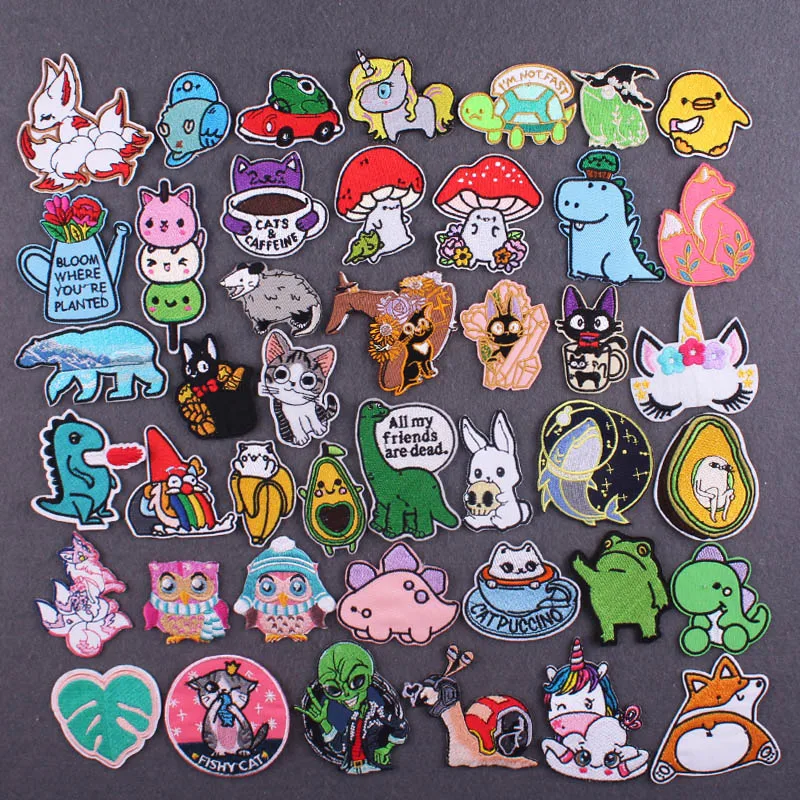 

Cute Animals Patch For Clothing Dinosaur Cat striped Patch Cartoon Embroidered Patches Iron On Patches For Clothes Diy Jacket