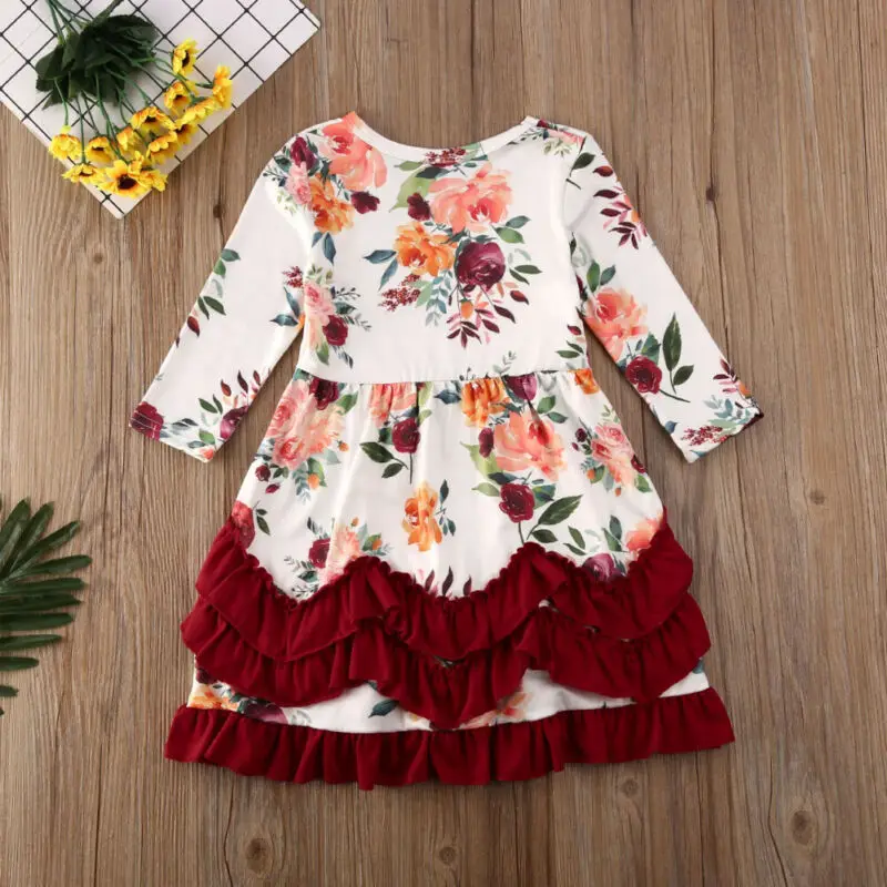 Весенне-осенняя одежда для малышей платье с оборками и цветочным рисунком