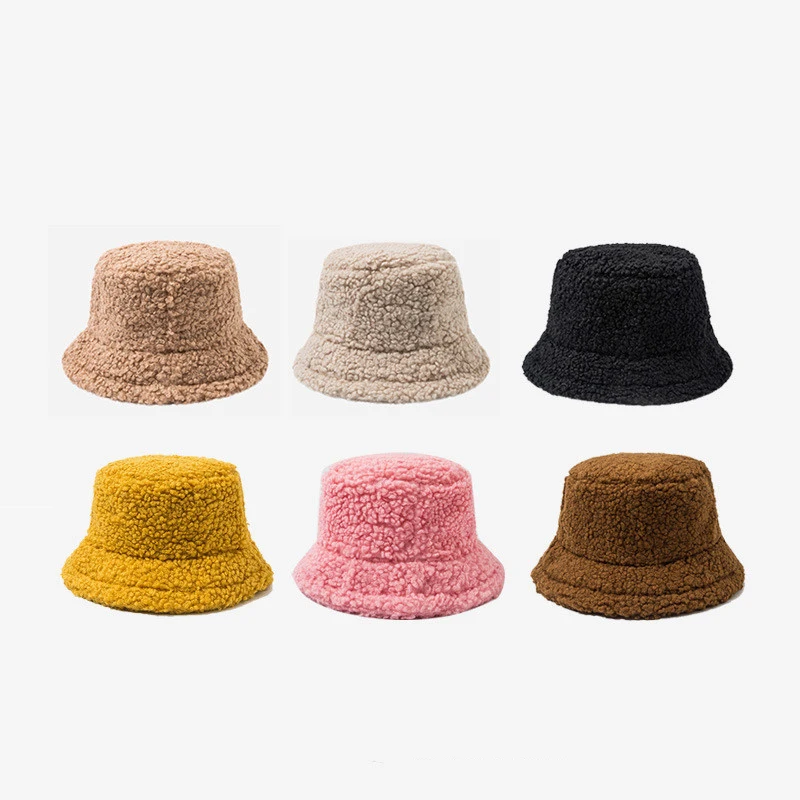 

Fashion Outdoor Fishing Cap Fur Winter Hat Warm Bucket Hat for Women Fluffy Sheep Curl Solid Panama Fisherman