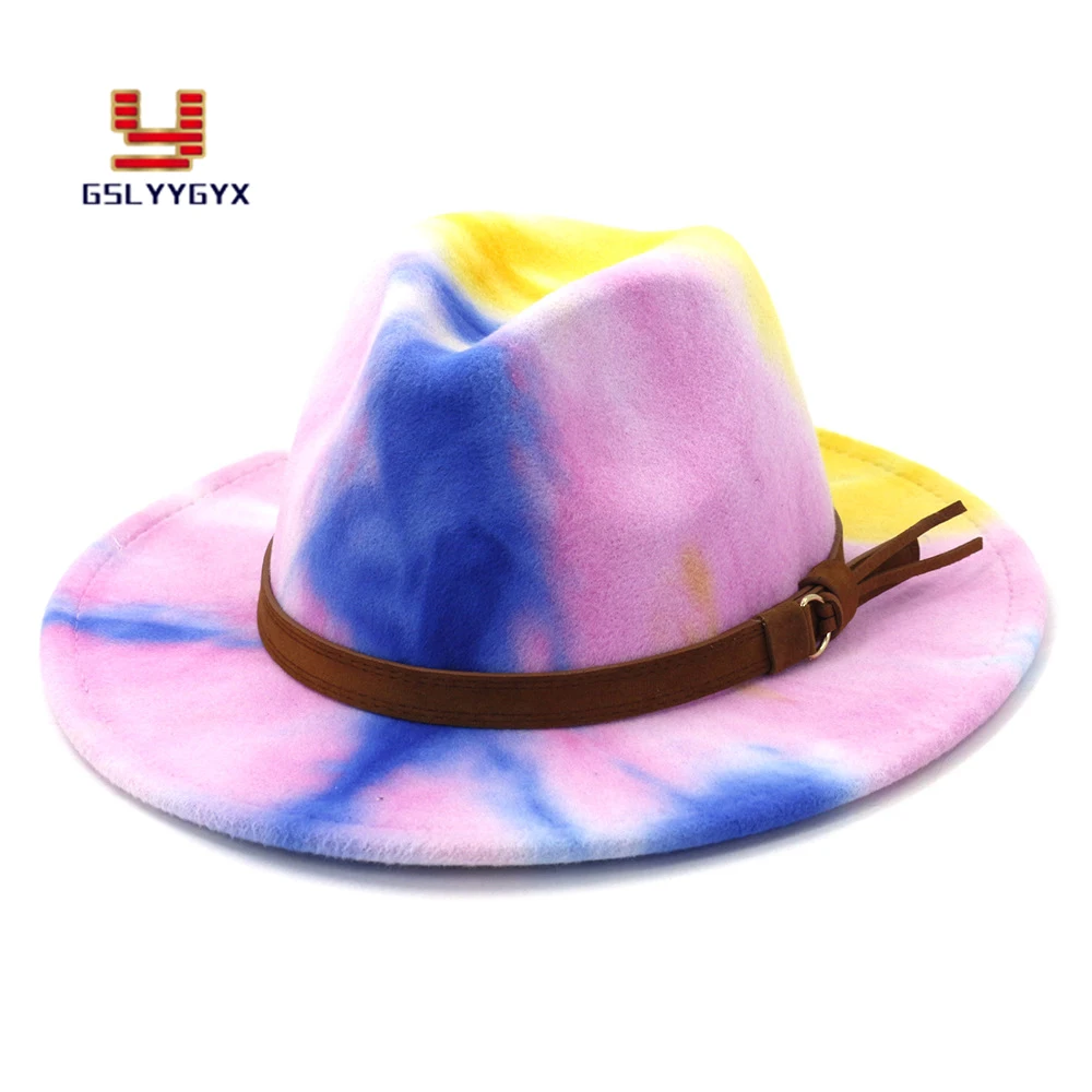 

2021 New Arrivel High Quality Wholesale British Classic Tie-dyed Woolen Jazz Panama Fedora Hat for Women Church Party Top Hat