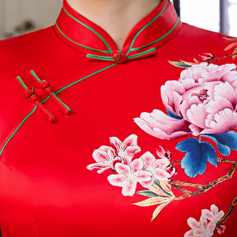 

Summer Red Women Flower Print Exquisite Cheongsam Sexy Slim Novelty Qipao Elegant Mandarin Collar Chinese Dress Plus Size M-4XL