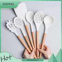 white silicone kitchenware set wooden handle with storage bucket cooking tools cookware for non stick pan kitchen accessories