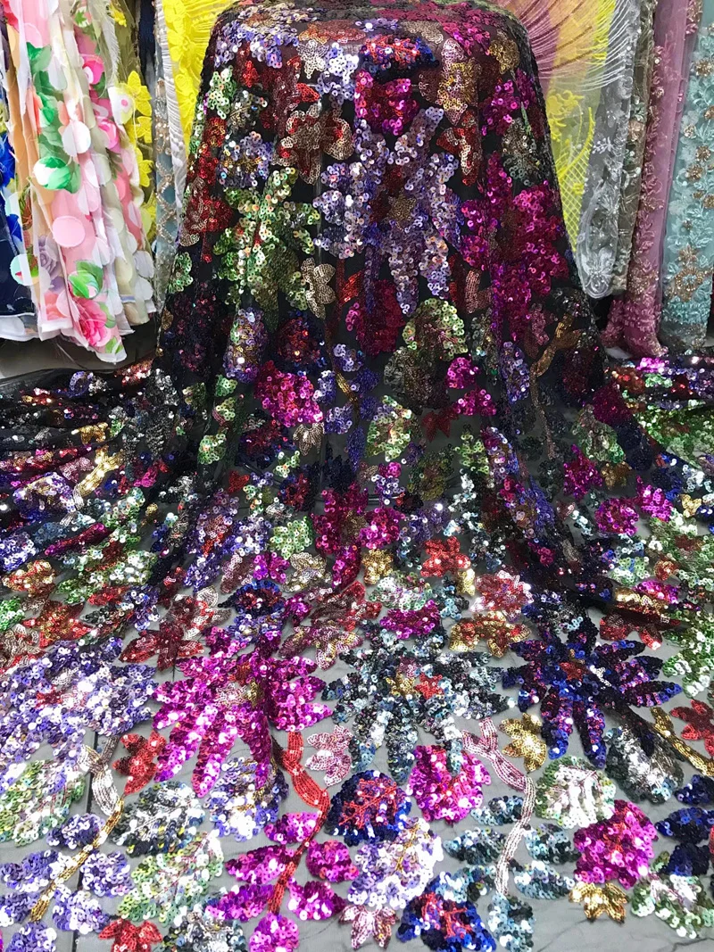 

5 options high quality African party lace fabric multicolored sequins French net lace with embroidery for party dress FJY205