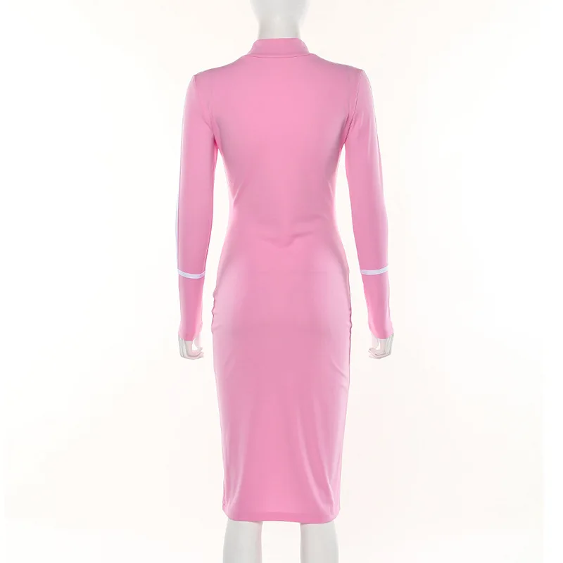 

2019 Summer Autumn Women's Slim Dresses Sexy Women Casual Club Party Evening Bodycon Turtleneck Patchwork Long Sleeve Dresses