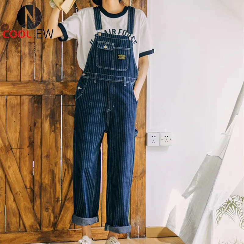 

Vintage Primary Color Denim Overalls Railway Vertical Stripes Tooling Suspenders Casual Pants for Men and Women
