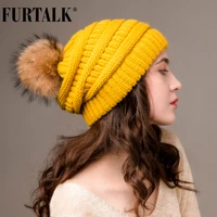 furtalk winter beanie hat women real fur pompom slouchy beanie knitted ladies stretchy chunky hat warm bobble skullies cap 2019