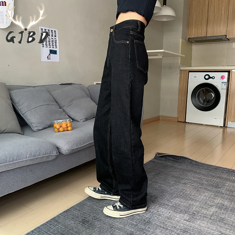 Vintage Hohe Taille Frauen Schwarz Jeans Koreanische Mode Streetwear Breite Bein Jean Weibliche Denim Hosen Gerade Baggy Mom Denim Hosen