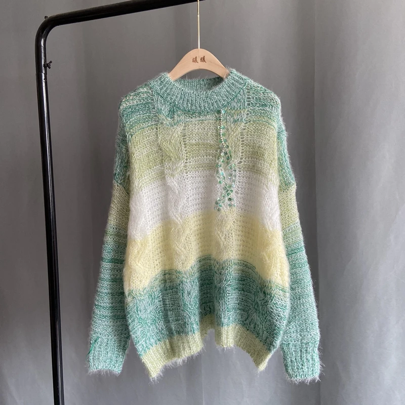 

Autumn Gradient Color Women Sweaters and Pullovers Korean Thin Long Sleeve O-neck Causal Knitted Top Jumpers Cotton Polyester