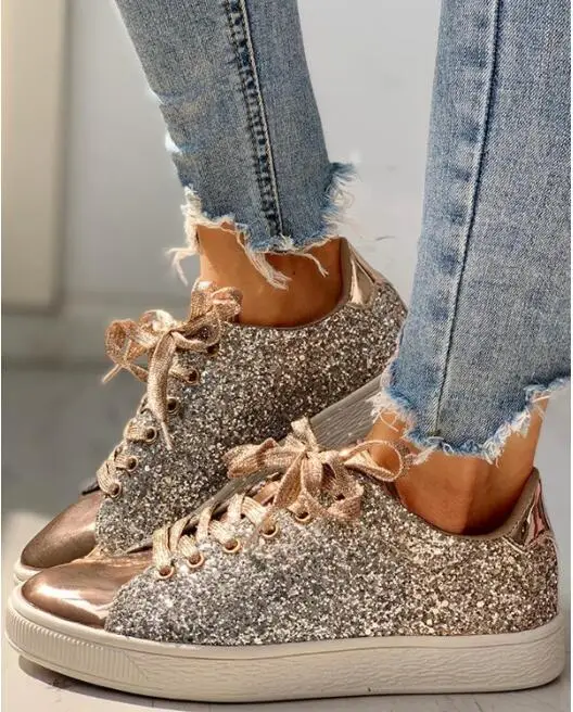 

Fashion Womens Casual Rock Glitter Sparkling Sneakers Women's White Sole Street Sneakers Shiny Encrusted Lace Up Shoes