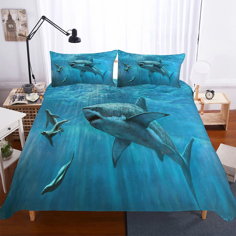 Blue Shark Комплект постельного белья с 3D принтом акулы из 3 предметов, простыня для детей, наволочка пододеяльник, комплекты для США, Великобритании, Австралии, размер - Цвет: Blue Shark
