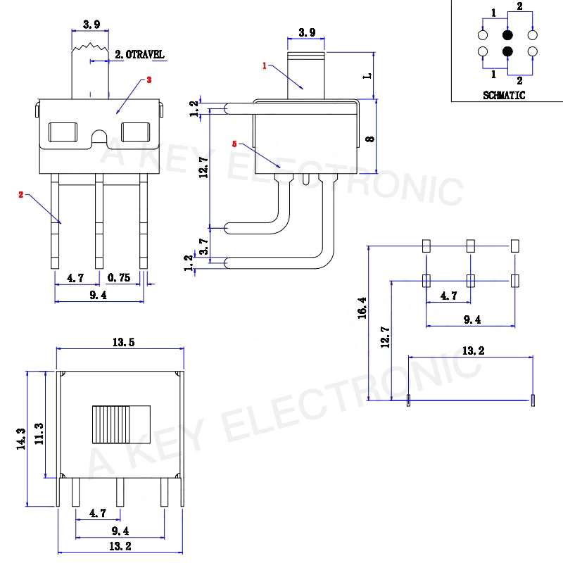 SS-22D11G5 (2P2T) 2-й переключатель передач 11*13.5 двухрядный 6-контактный изогнутый нож 90