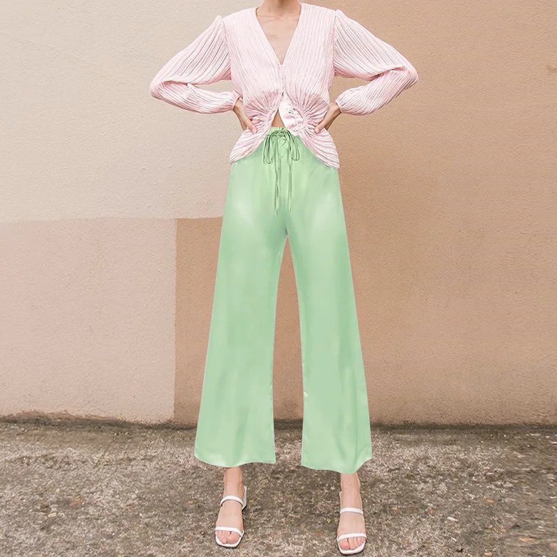 2019 New Autumn Winter Trousers Casual Elastic High Waist Pants Women Fashion Pleuche Wide Leg Pink Green Loose Long Pant | Женская
