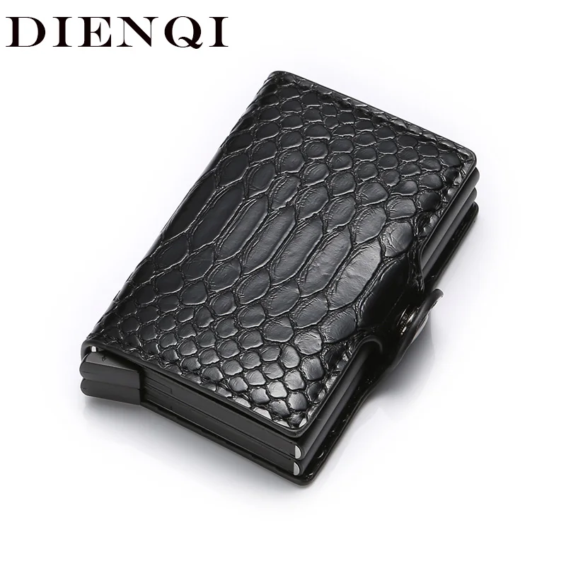 

Кошелек DIENQI Rfid мужской, маленький бумажник с кармашком для денег, алюминиевый черный тонкий маленький умный кошелек со змеиным плетением дл...