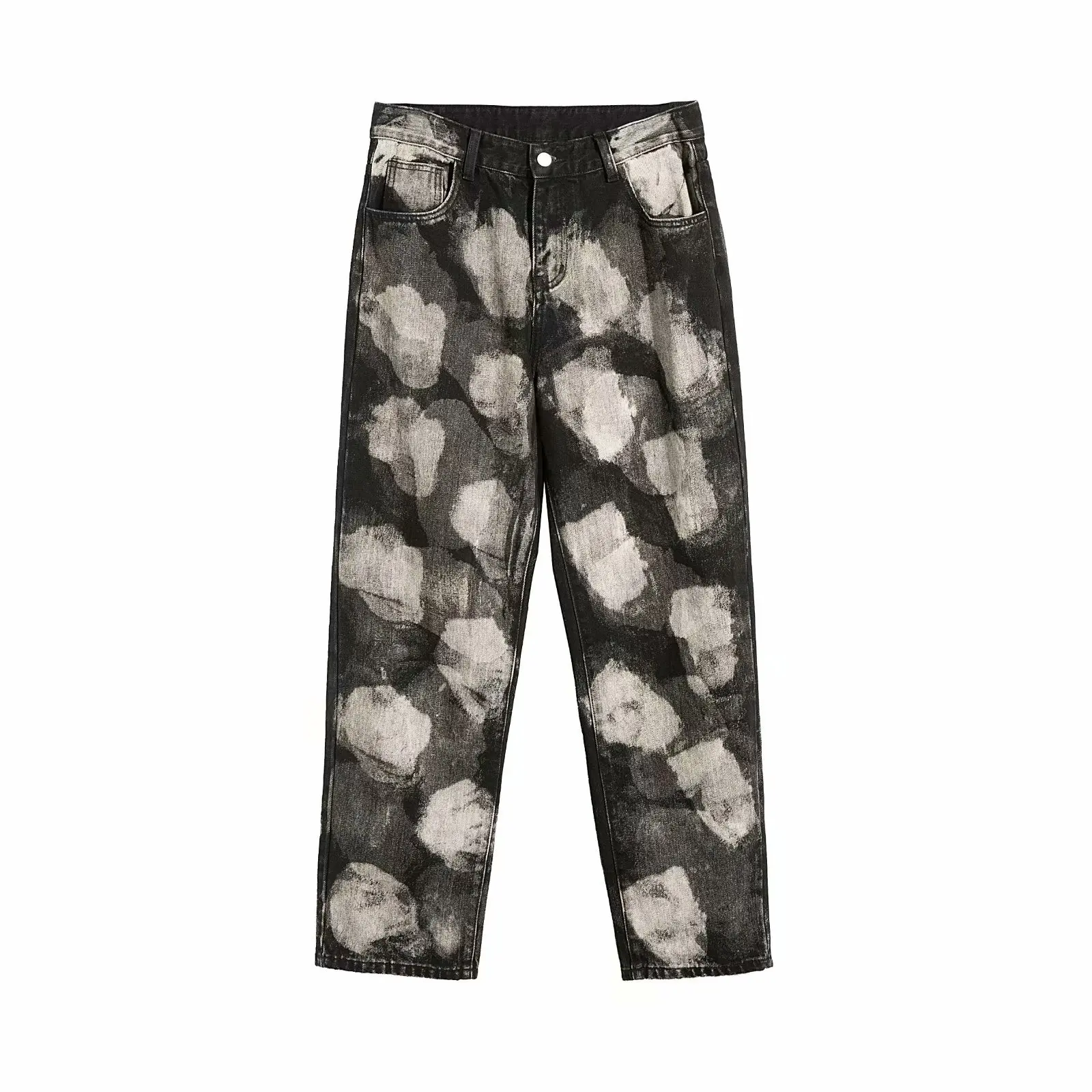 

Spring male loose jeans popular logo printed washed pants ins tide restoring ancient ways in the waist straight leg