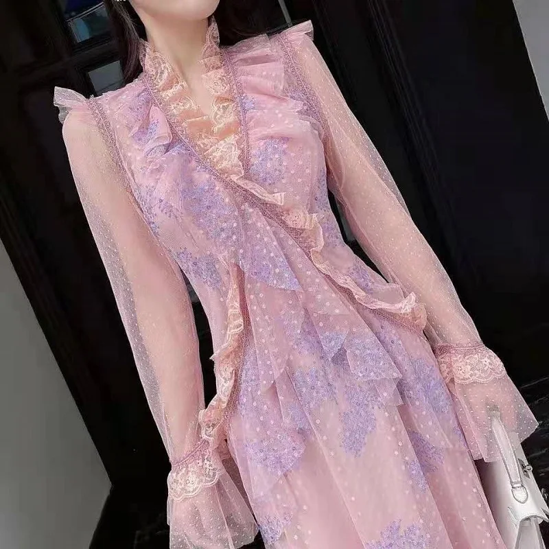 

Lace Long Dress 2021 Spring Summer Sexy Party Club Women Sexy V-Neck Polka Dot Mesh Patchwork Flare Sleeve Pink Dress Maxi