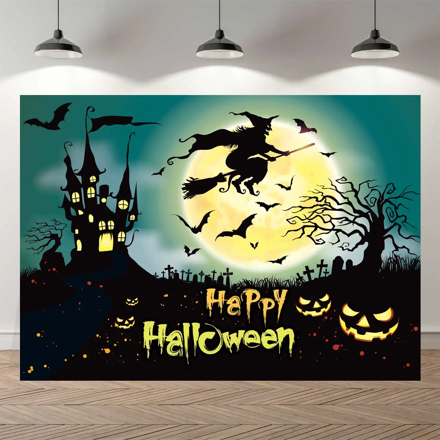 

NeoBack Autumn Happy Halloween Thrilling Night Moon Pumpkin Witch Bat Little Ghost Castle Trick or Treat Party Banner Background