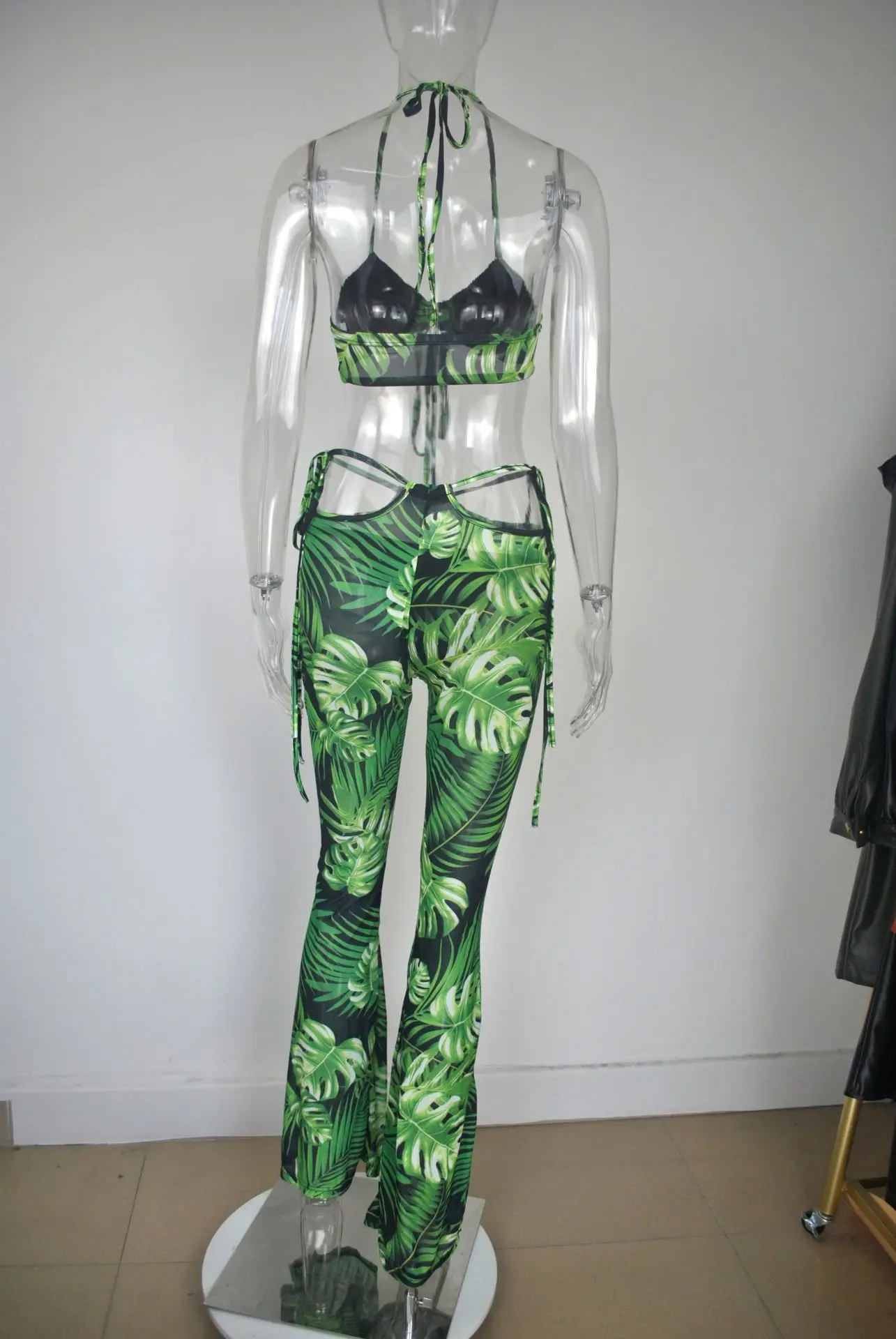 

Printted Two Piece Sets Buckle Cyber y2k Bandage Cleavage Top+Vintage Flare Corset High Waist Pants Beach Sexy Club Streetwear