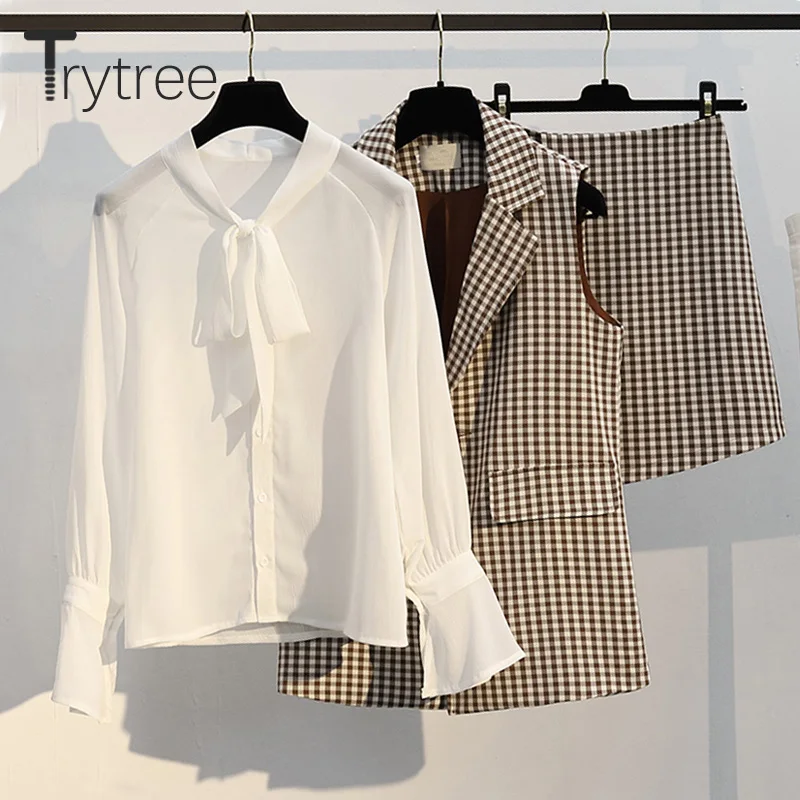 Trytree/осенний женский топ, комплект из трех предметов, с бантиком расклешенный рукав топы с карманами+ юбка, мини-кнопка, офисный женский клетчатый костюм, комплект из 3 предметов