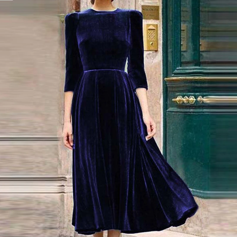 Винтажное бархатное Макси платье для женщин 2020 весна осень рукав три четверти