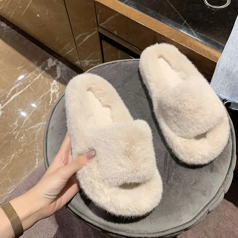 

vertvie Fluffy Women Home Slippers Faux Fur Shoes Slides Furry Flat Sandals Female Cute Indoor Slippers For Woman Flops
