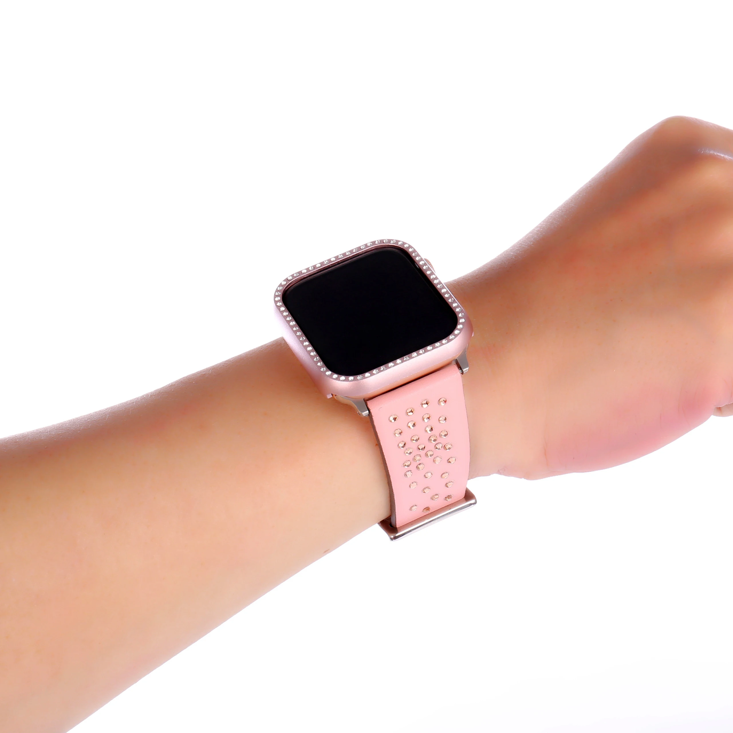 Бриллиантовый кожаный браслет ремешок + чехол для apple watch 4 44/40 мм защитный бампер