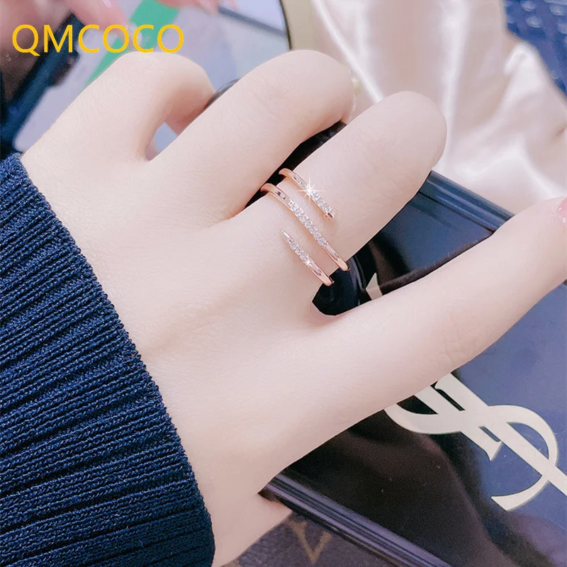 

QMCOCO Geometric Zircon Silver Color Ring For Women Adjustable Fashion Personality Style Simple Index Finger Ring