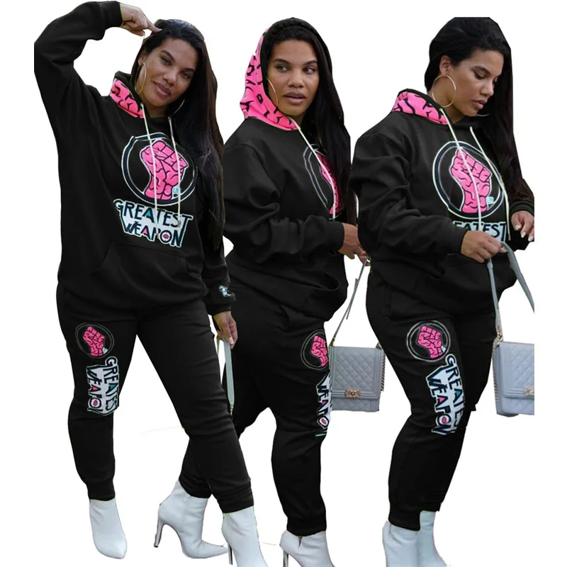 

ZKYZWX Pattern Letter Hoodies 2 Piece Joggers Women Set Long Sleeve Top and Sweatpants Lounge Wear Matching Sets Trendy Clothing