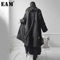 eam loose fit black buckle asymmetrical big size long jacket new lapel long sleeve women coat fashion tide spring 2022 1s655
