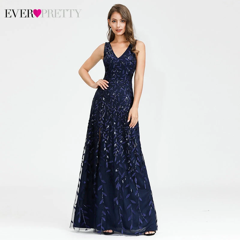 

Sparkle Mermaid Evening Dresses Long Ever Pretty V-Neck Navy Blue Sequined Split Formal Dresses For Party Robe De Soiree 2020