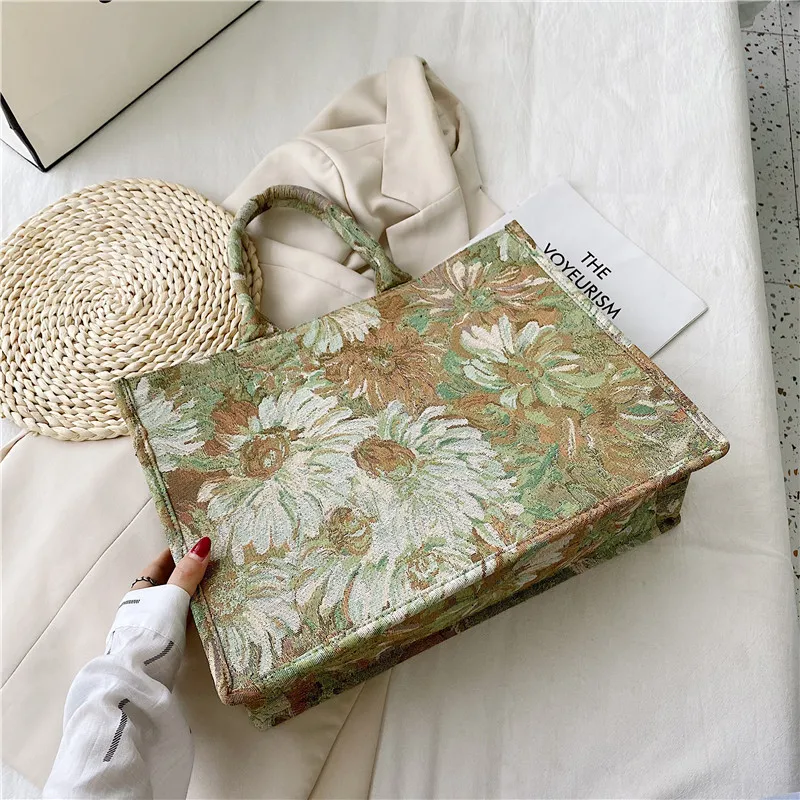 

Luxury Brand Oil Painting Flower Shoulder Bag Women's bag High Capacity Canvas Tote bags for women Floral Big Size Women Shopper