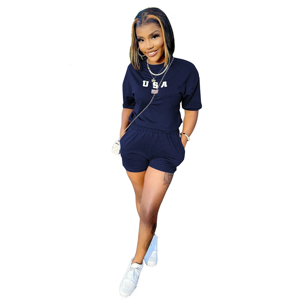

Футболка и шорты буквы США женские с принтом, комплект из двух предметов, Классическая футболка, велосипедные шорты, пикантная летняя одежд...