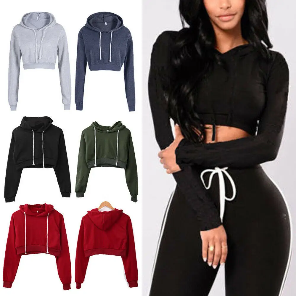 

New Hot Autumn Winter Women Casual Hoodie Long Sleeve Slim Short Sweatshirt Pullover Solid Tops Clothing Match Daily Outfits