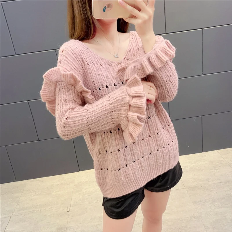 

Oversized Women Pullover V-neck Hollow Knitted Sweater Korean Knitted Loose Ruffled Sweaters