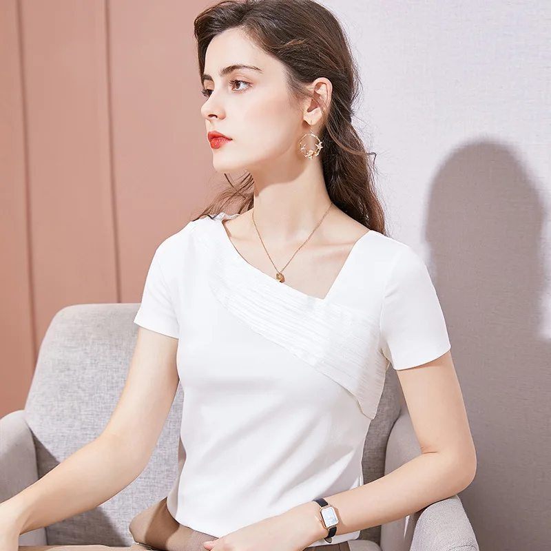

Women's t-shirt New 2021 Summer Short Sleeve Skew Collar Tops Shirt Elegant Slim Solid Color Plus Size camisetas de mujer