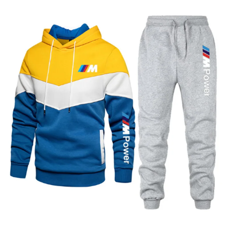 

Men's new track suit running hoodie stitching suit men's hoodie + pants exercise two-piece gym sportswear suit clothing