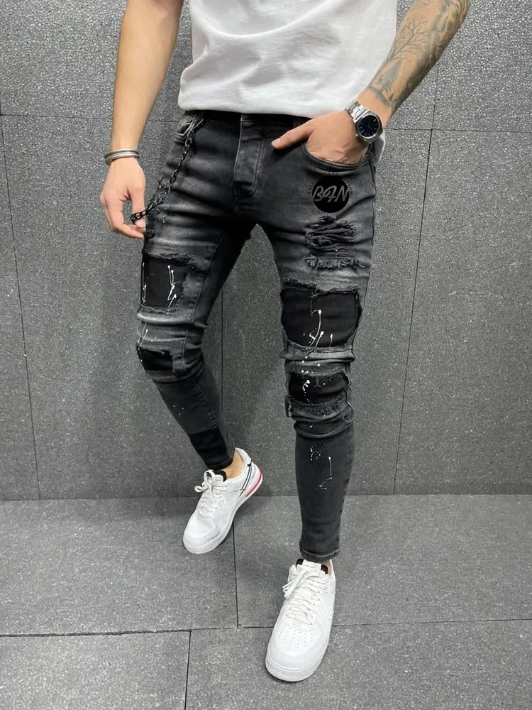 

Мужские рваные обтягивающие джинсы, черные байкерские стильные мужские дизайнерские пикантные джинсы с дырками, повседневные брюки-каранд...