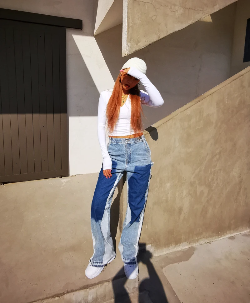

TVVOVVIN Women Jeans Color Matching High Waisted Jeans Vintage Casual Denim Pants Women New Fashion Sexy Wide Leg Pants 3AKE